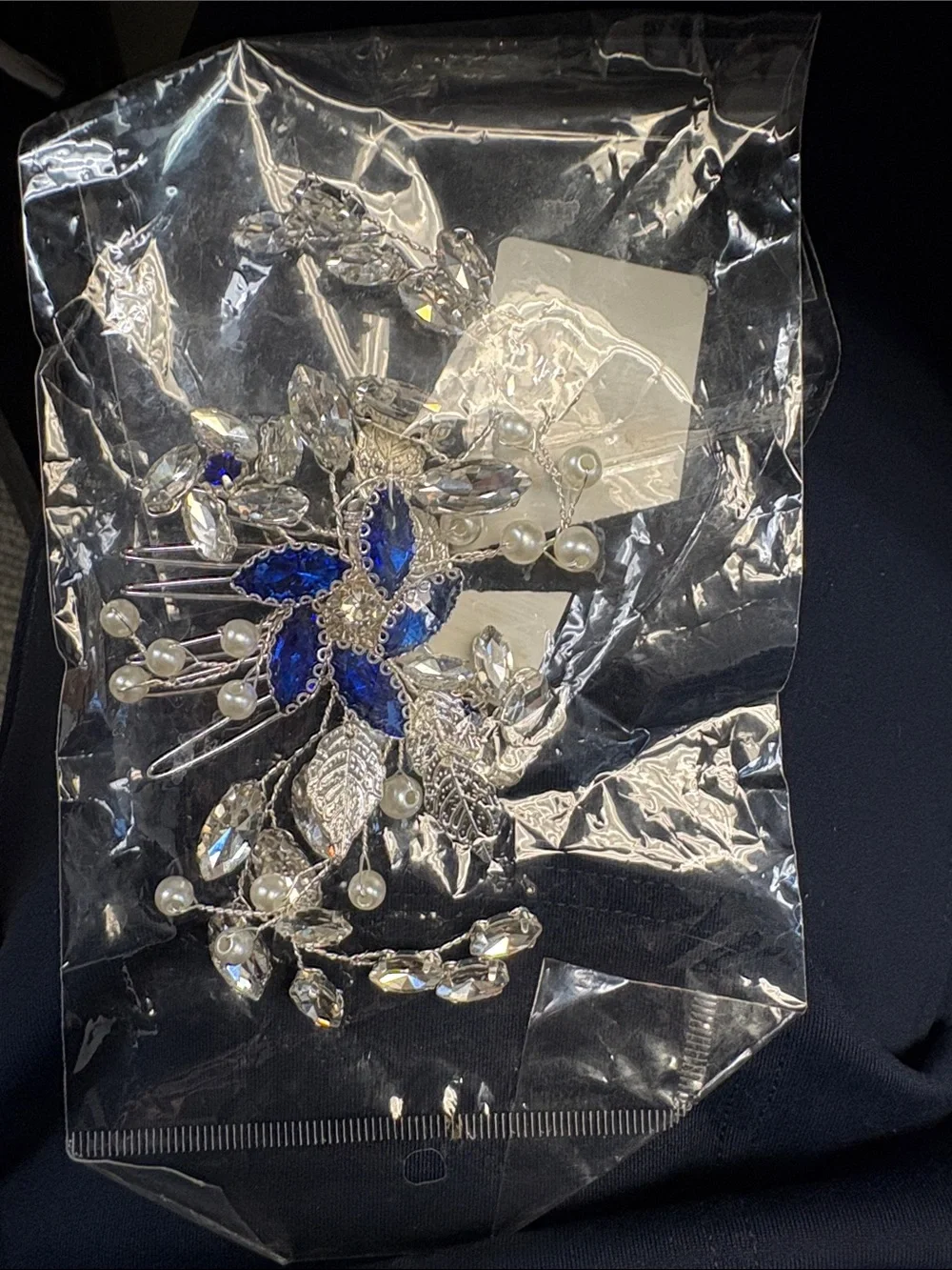 Elegant Blue Crystal Floral Hair Comb with Pearls